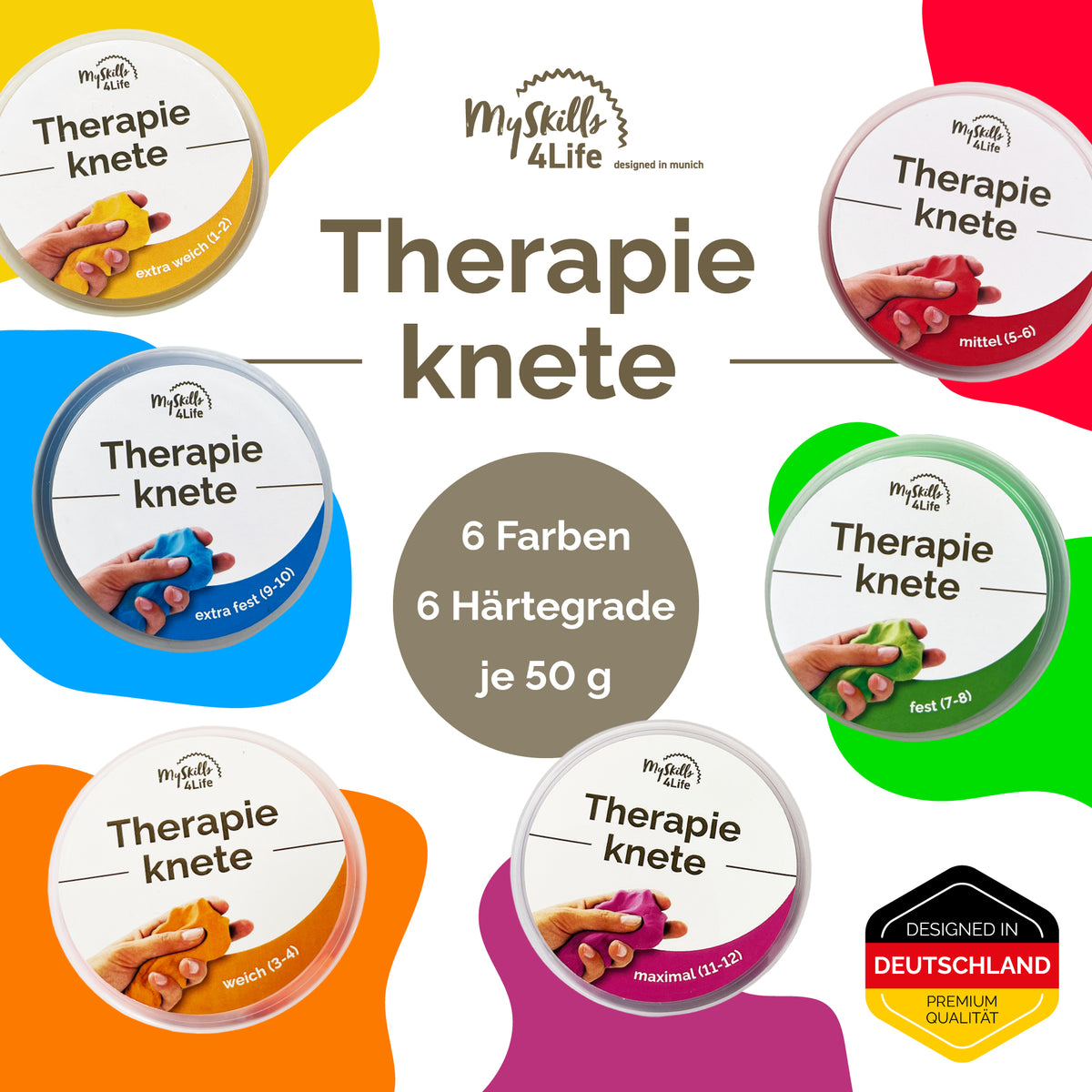 4er oder 6er Set Premium Therapieknete | vegan, rückstandsfrei, geruchlos | für mehr Entspannung, Konzentration und Kraft